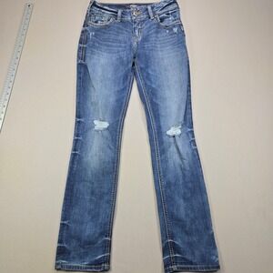 Silver Jeans Co Suki Mid‎ Straight Jeans Distressed Blue Fluid Denim W28 L32